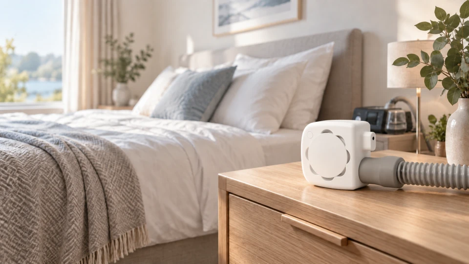 White AirDry connected to a CPAP hose on a wooden bedside table
