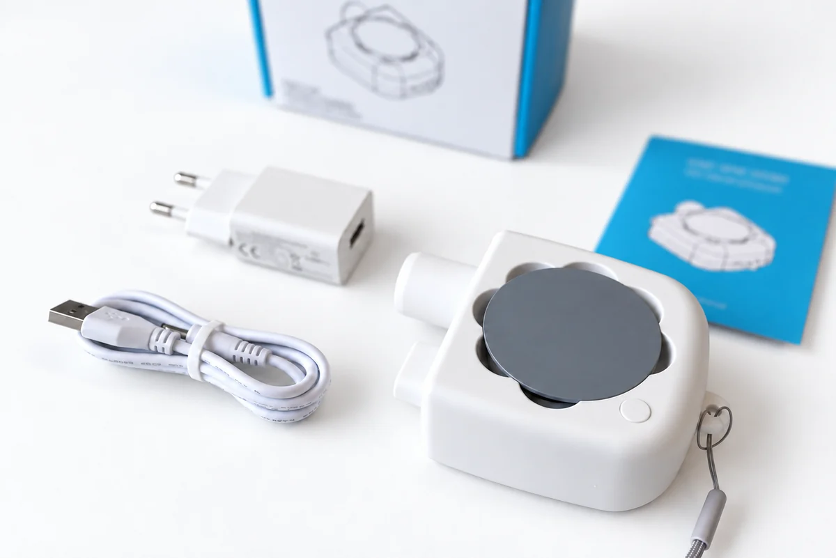 AirDry with USB cable and EU power adapter; product literature in the background