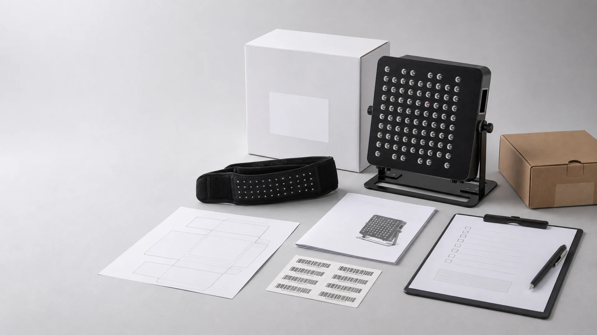 OEM samples, packaging, labels and quality review documents on a worktable