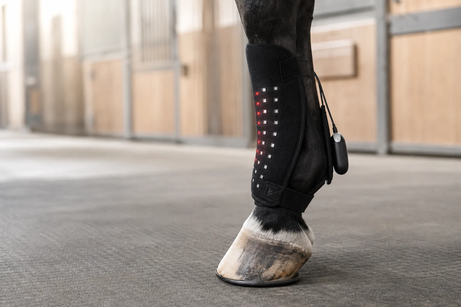 Pet red light wrap on a horse’s leg