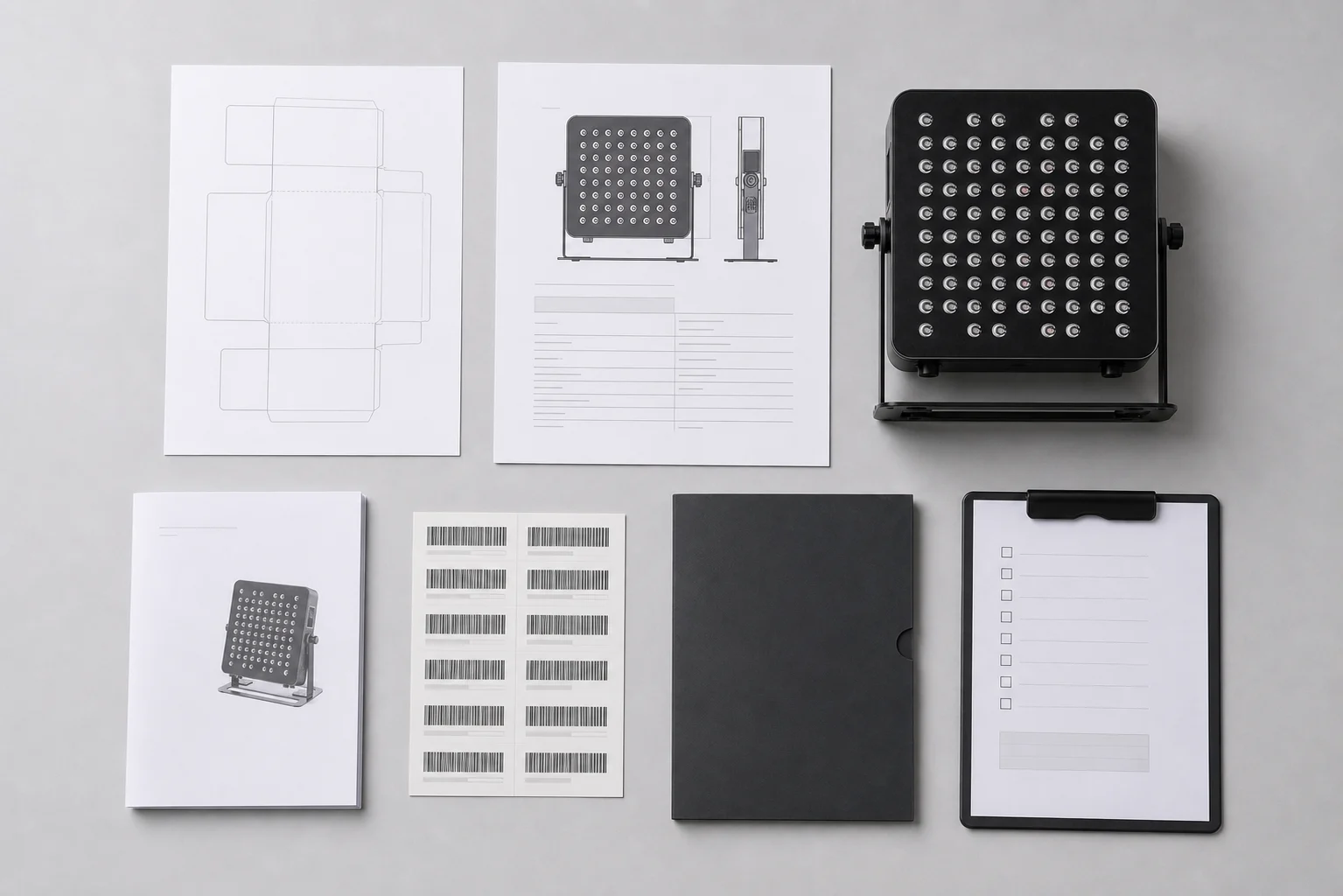 Array panel sample with organised specifications, packaging drawings and review documents